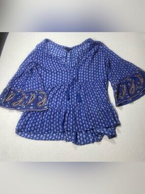 American Eagle Outfitters Blue Paisley Peasant Tie-Front Blouse